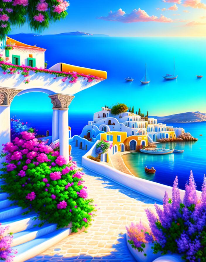 Colorful Coastal Mediterranean Scene with White Buildings, Blue Seas, Boats, and Blooming Flowers