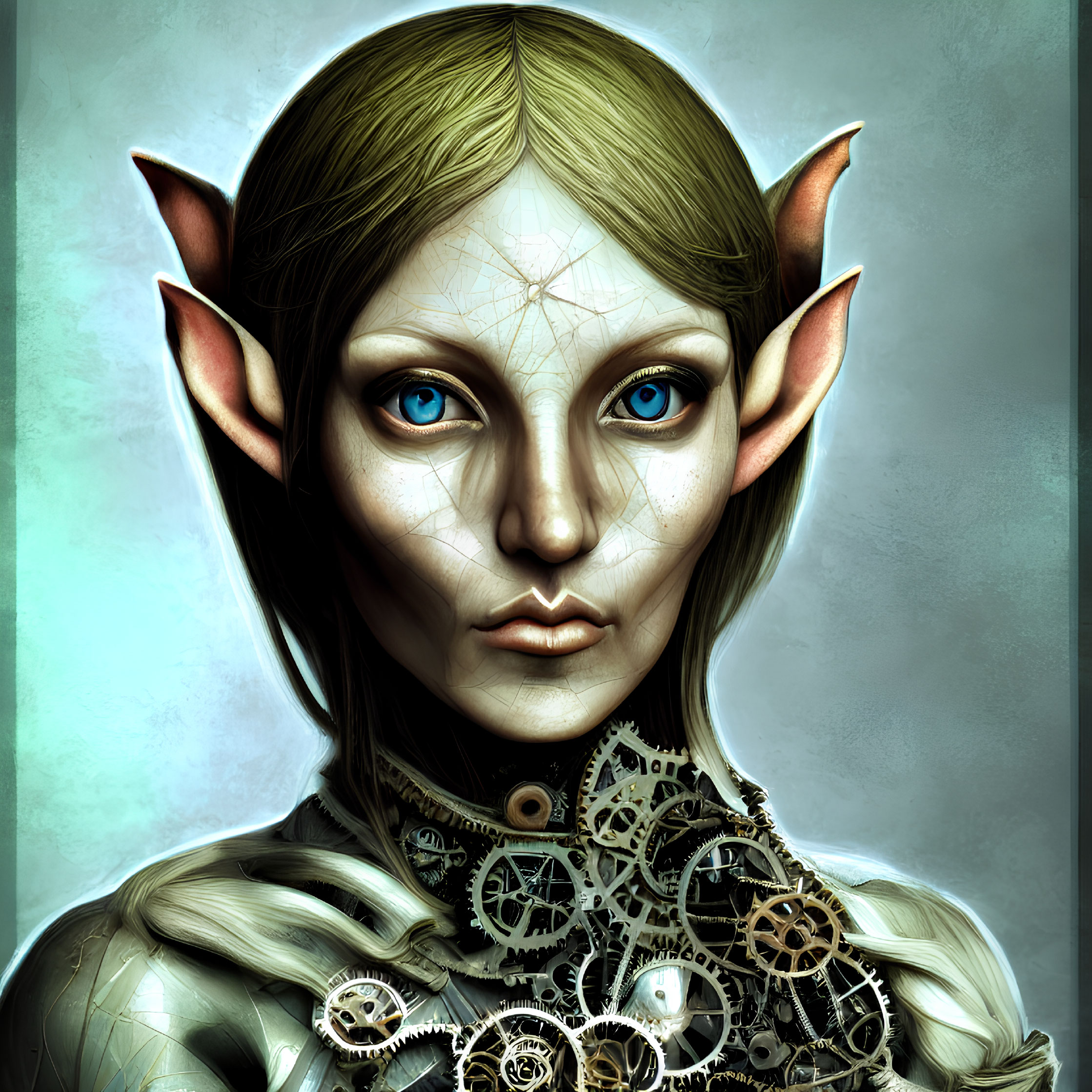 Fantastical creature portrait with pointed ears and steampunk details