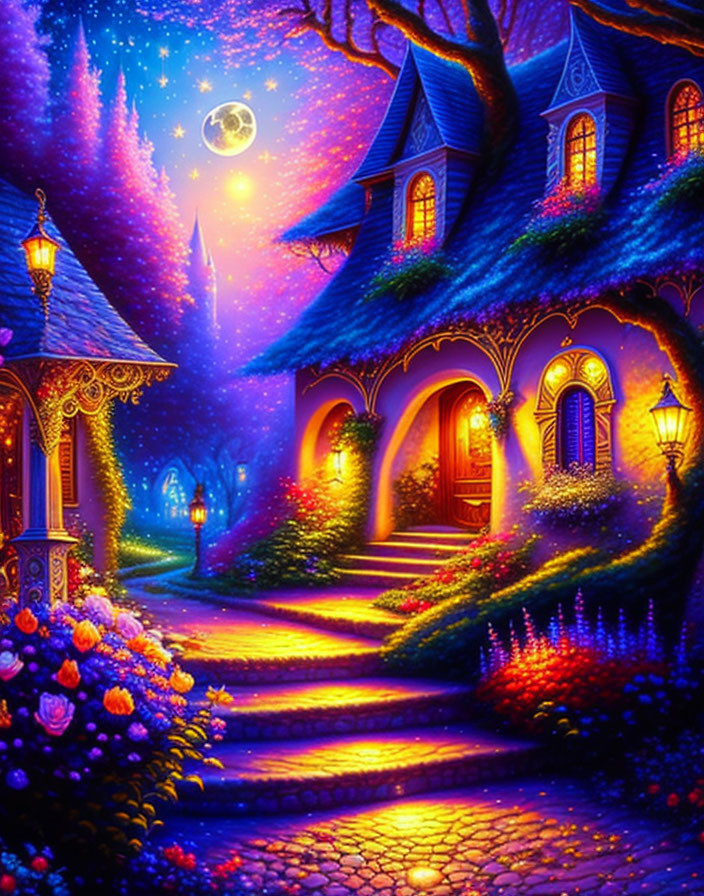 Colorful fantasy landscape: Cobblestone path, quaint houses, starry sky, bright moon