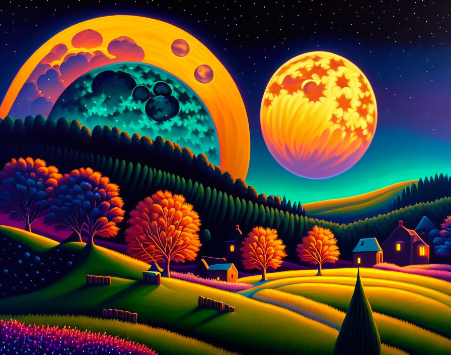 Surreal night landscape with two moons, colorful trees, hills, and small houses