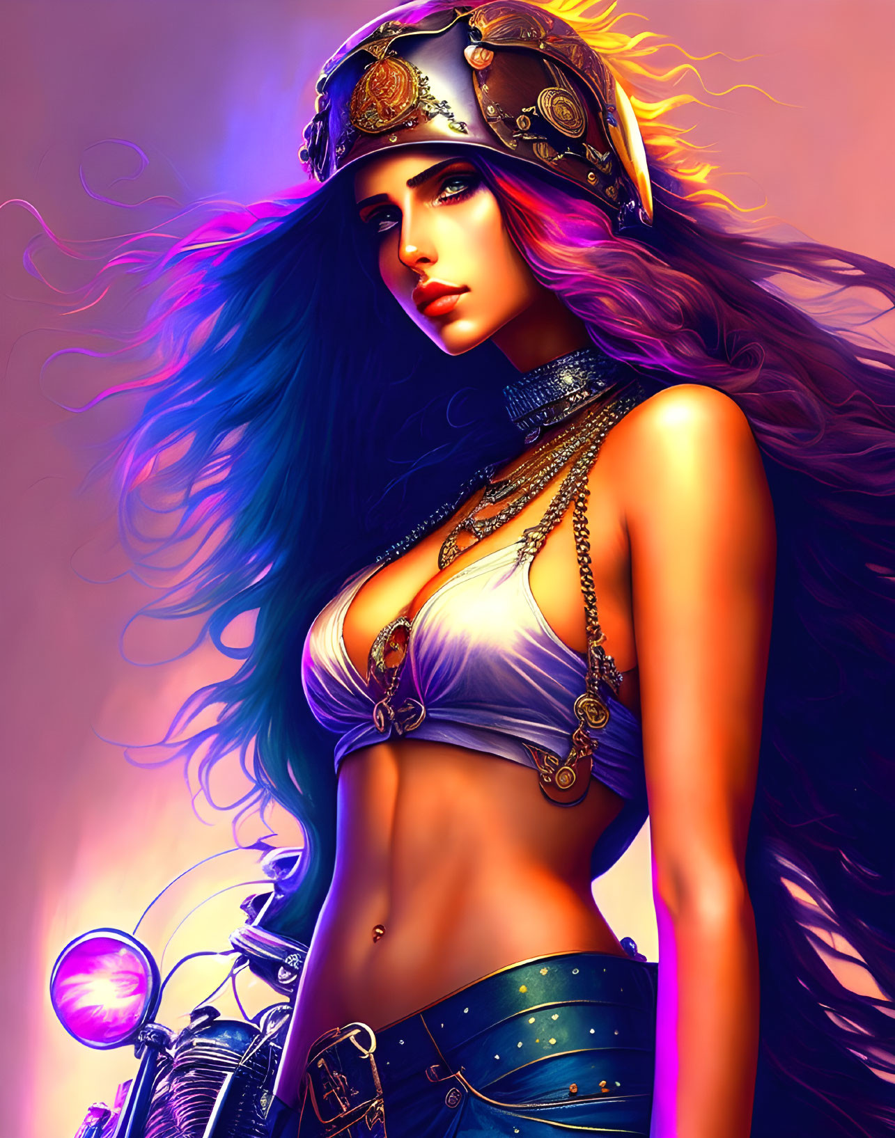 Colorful digital artwork of woman with purple hair and metallic hat in oriental-themed outfit.
