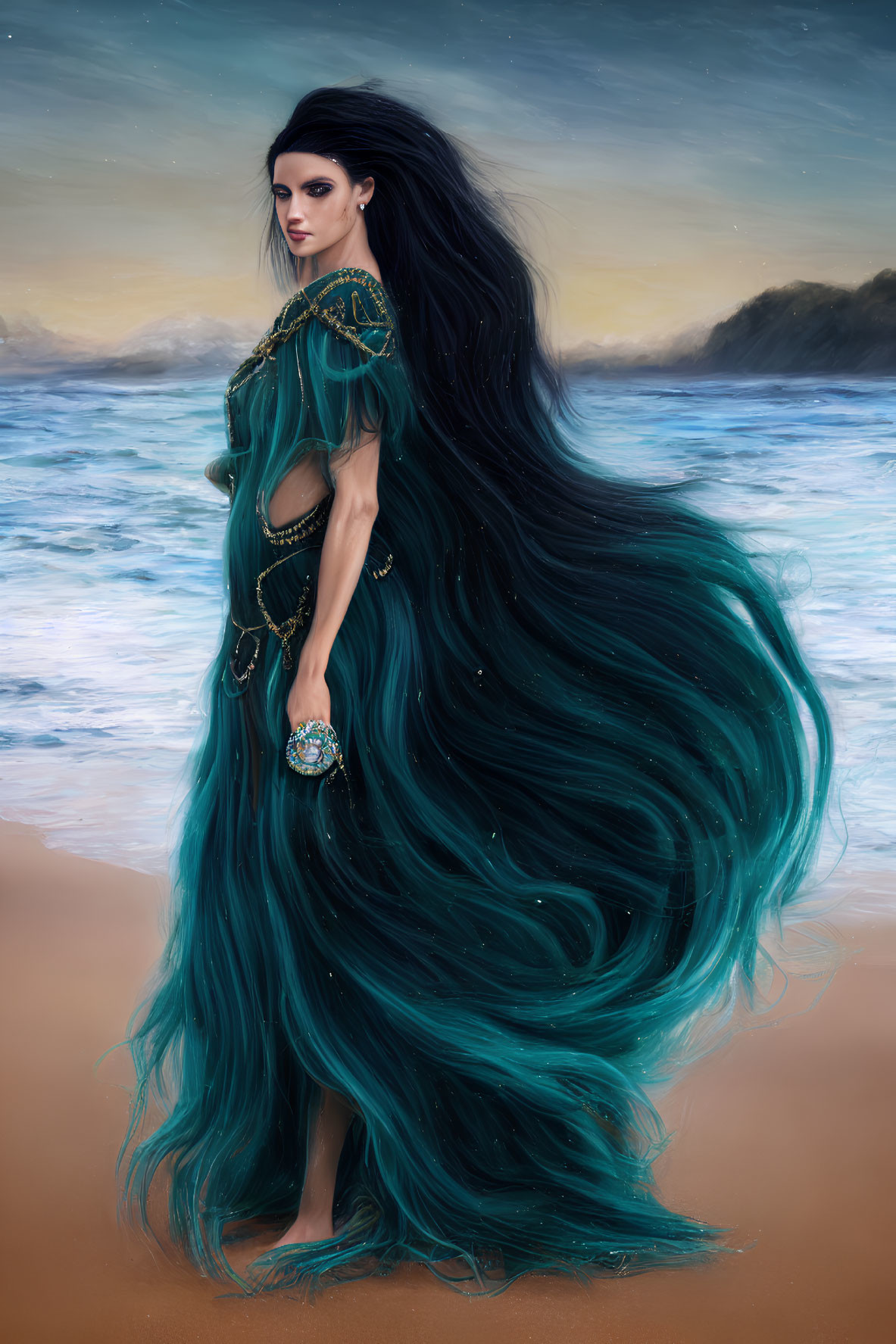 Woman with Long Teal Hair on Beach at Dusk in Elaborate Green Garments