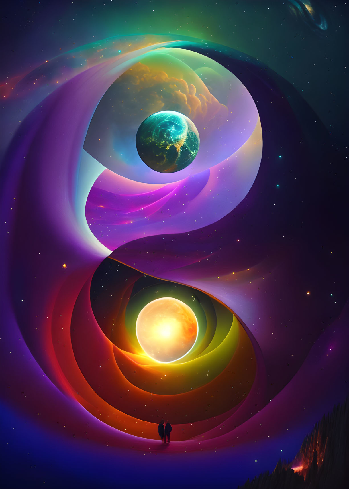 Vibrant cosmic yin-yang symbol with celestial bodies and solitary figure.