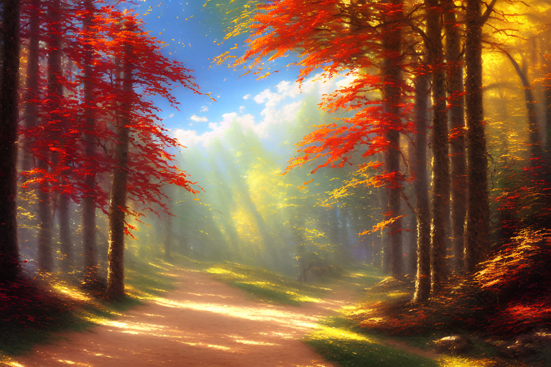 Tranquil forest path with sunlight and red leaves