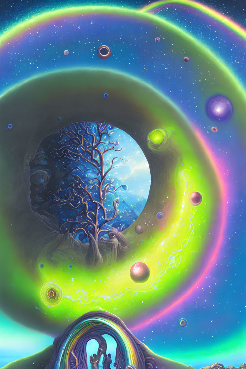 Colorful cosmic illustration featuring central tree amidst swirling galaxies and celestial bodies.