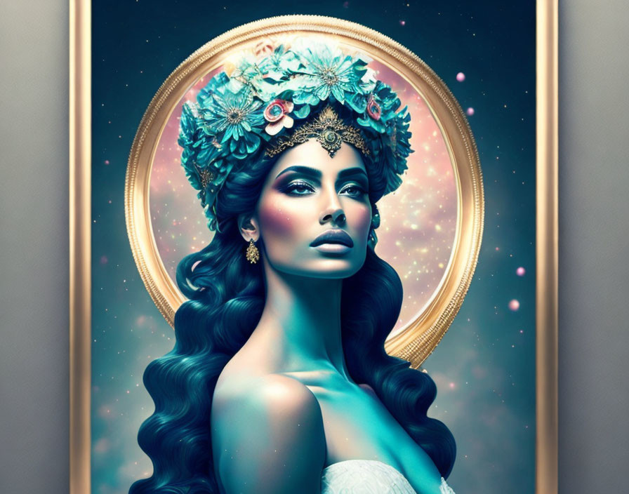 Digital artwork depicts woman with decorative halo, ornate headpiece, wavy hair, and celestial background