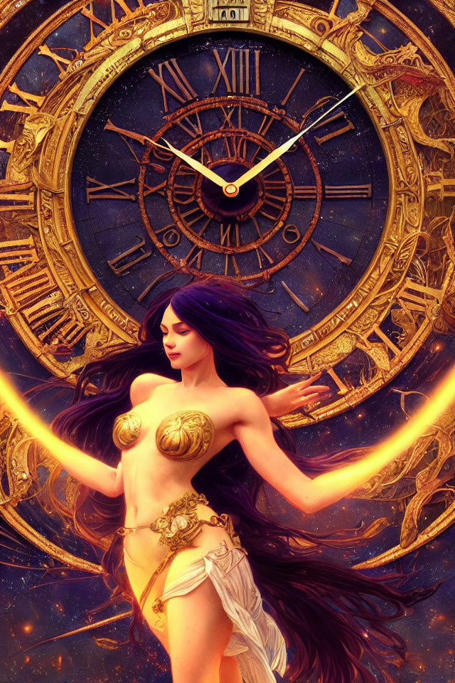 Purple-haired woman floating by golden clock in cosmic setting