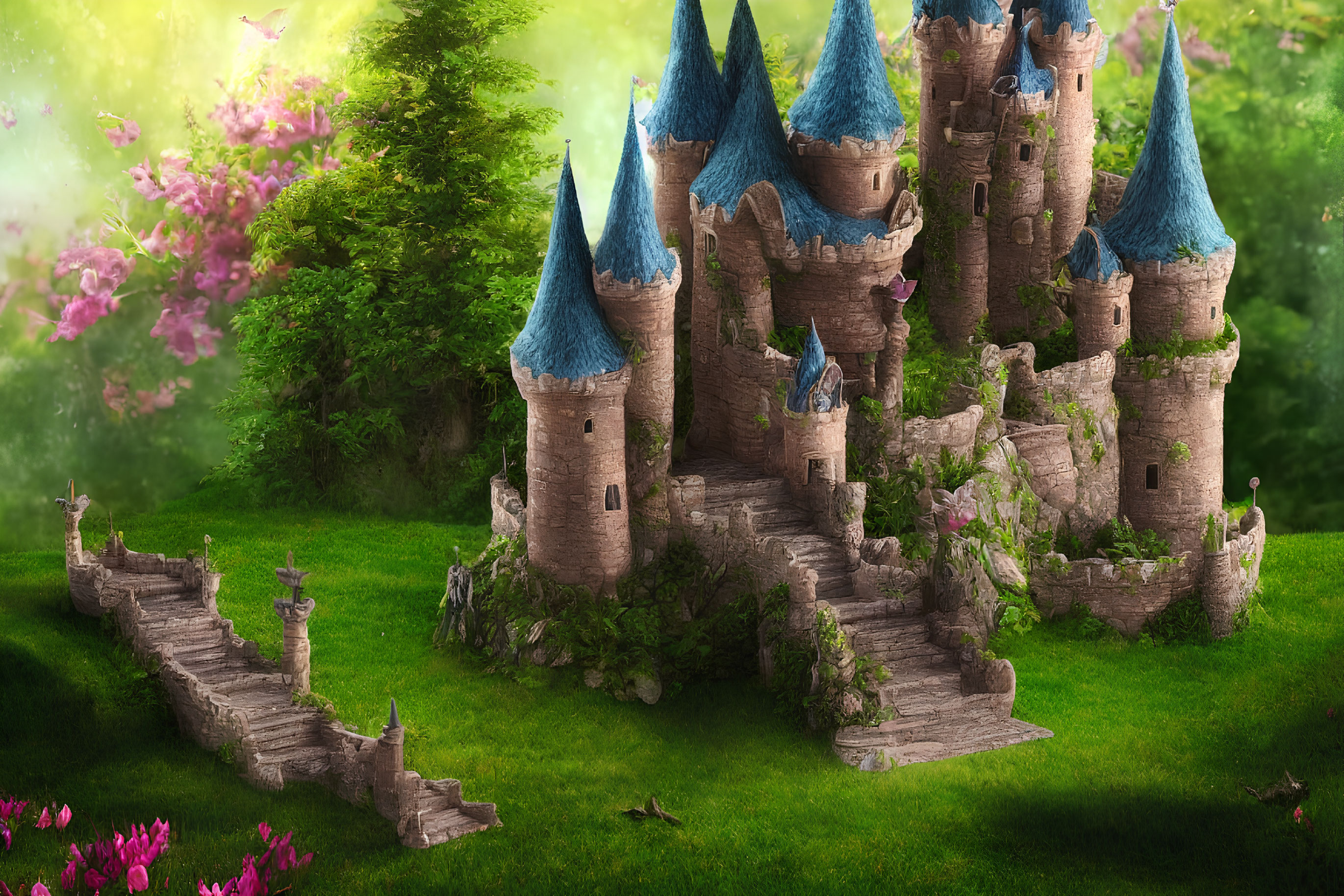 Medieval castle with blue rooftops in lush greenery and pink flowers