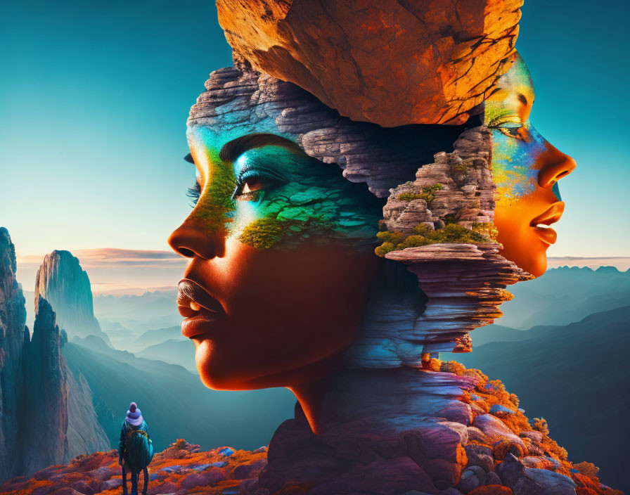 Surreal image of female profiles merging with rocky textures against vibrant mountain sunrise landscape