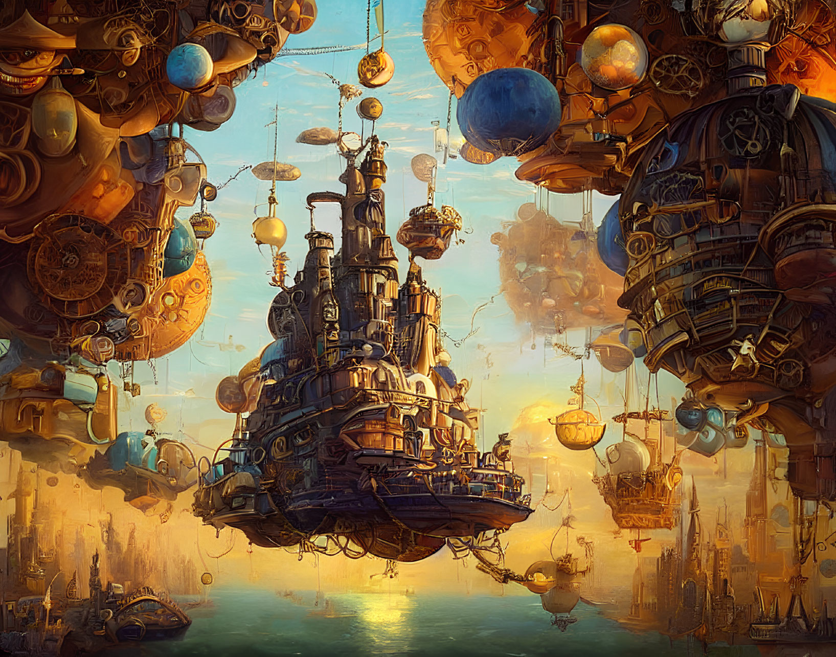 Steampunk cityscape with floating buildings and airships