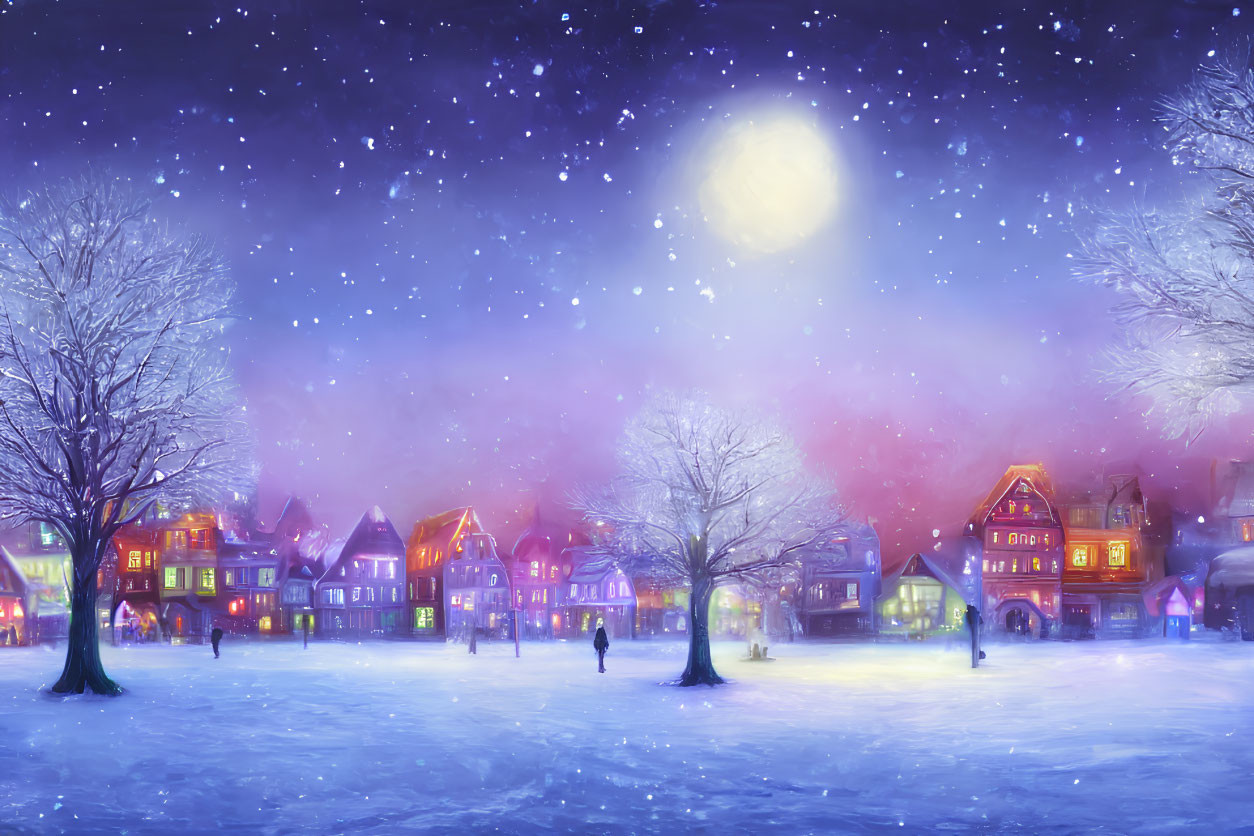 Snowy Evening in Colorful Village Under Moonlit Sky