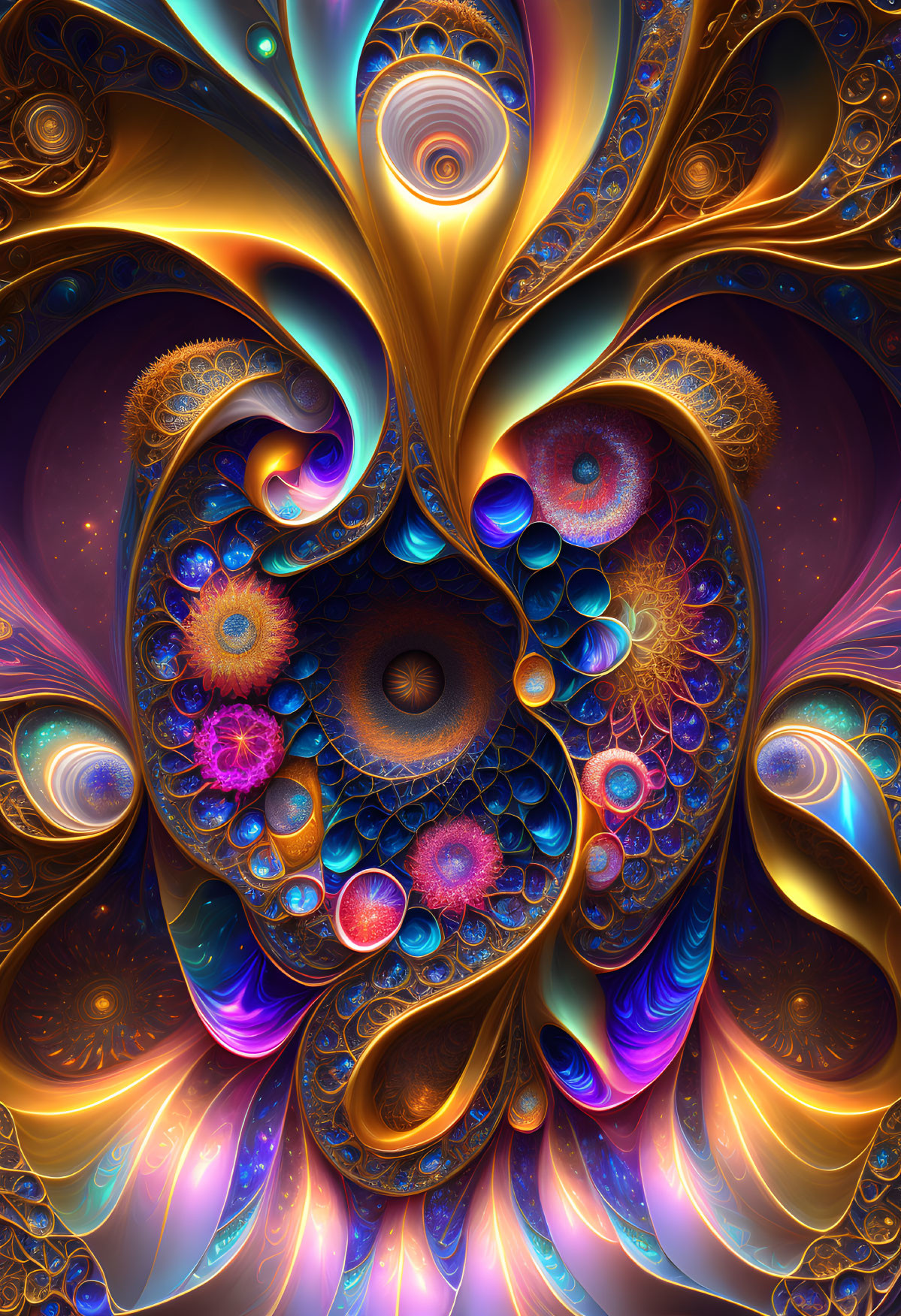 Colorful high-resolution fractal image with gold tones and intricate patterns