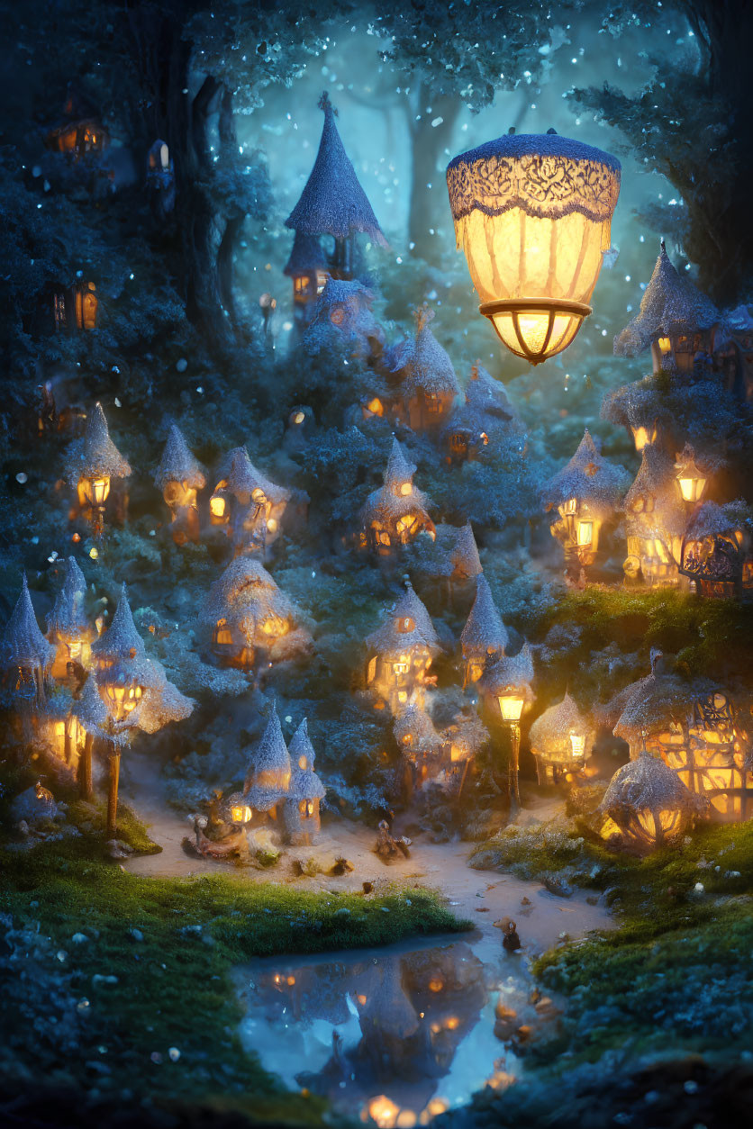 Miniature fairy village night scene with glowing cottages and tranquil pond