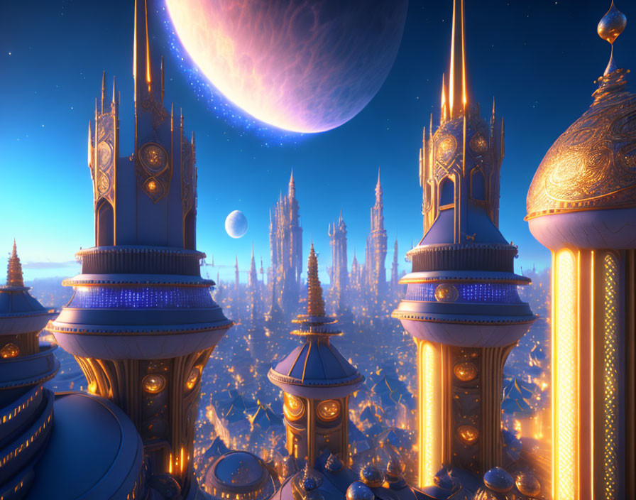 Nighttime Fantasy Cityscape with Golden Spires and Moonlit Sky