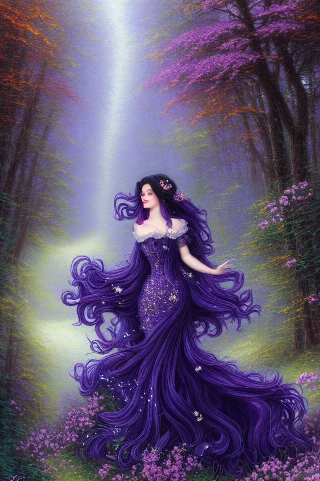 Woman in flowing purple gown in mystical forest with pinkish-purple foliage