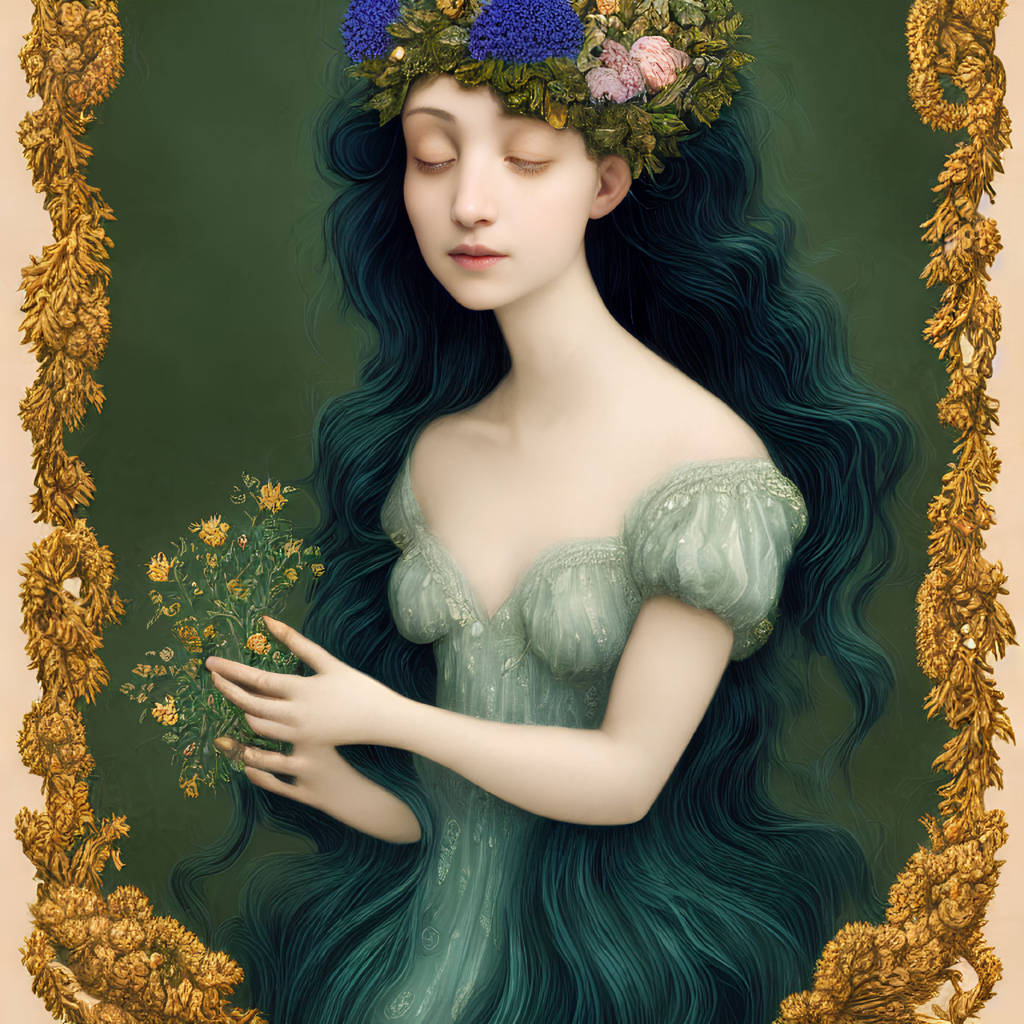 Illustrated portrait of woman with long blue hair and floral wreath, holding bouquet, framed by golden