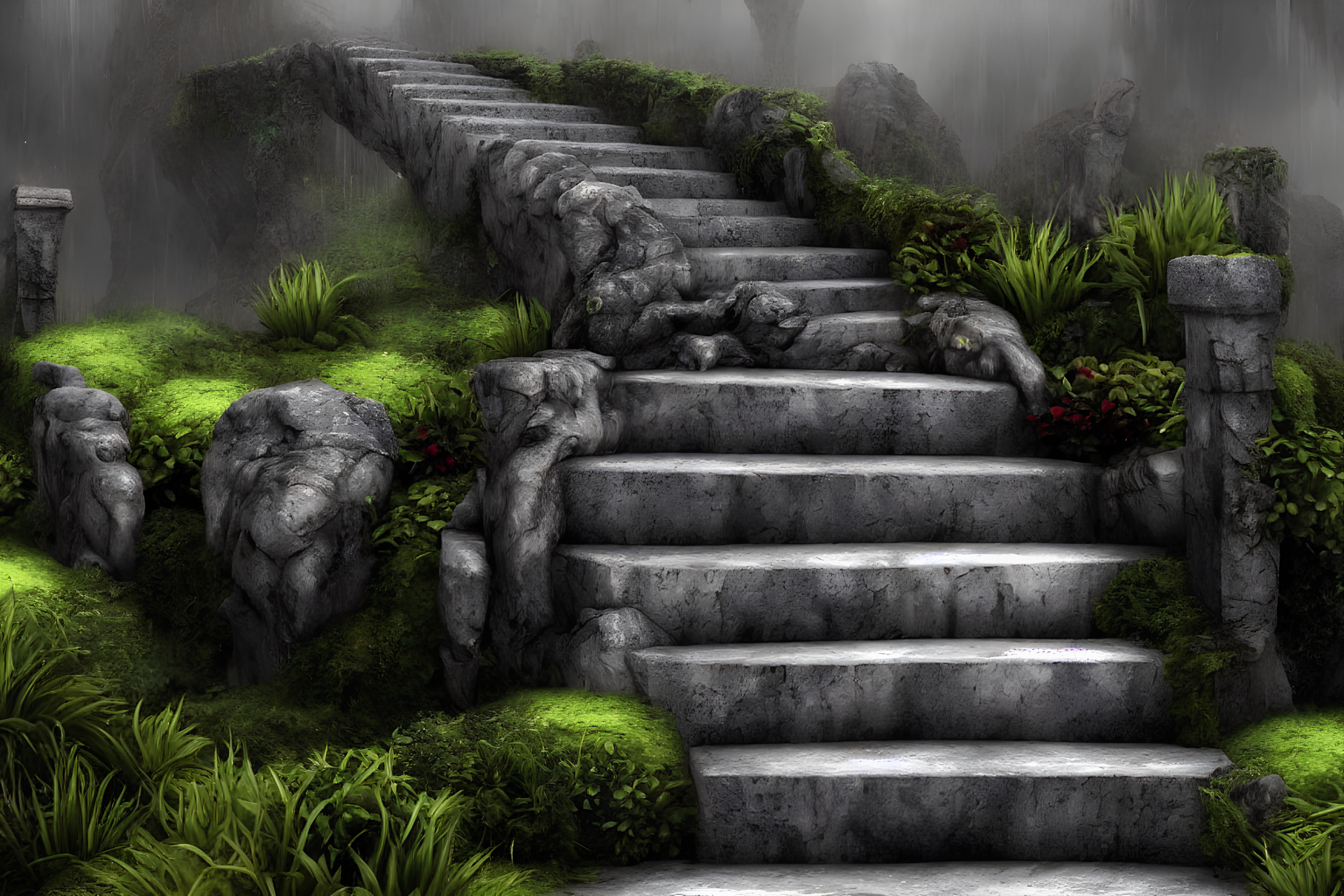 Mystical stone staircase with animal-shaped hedges in foggy green landscape