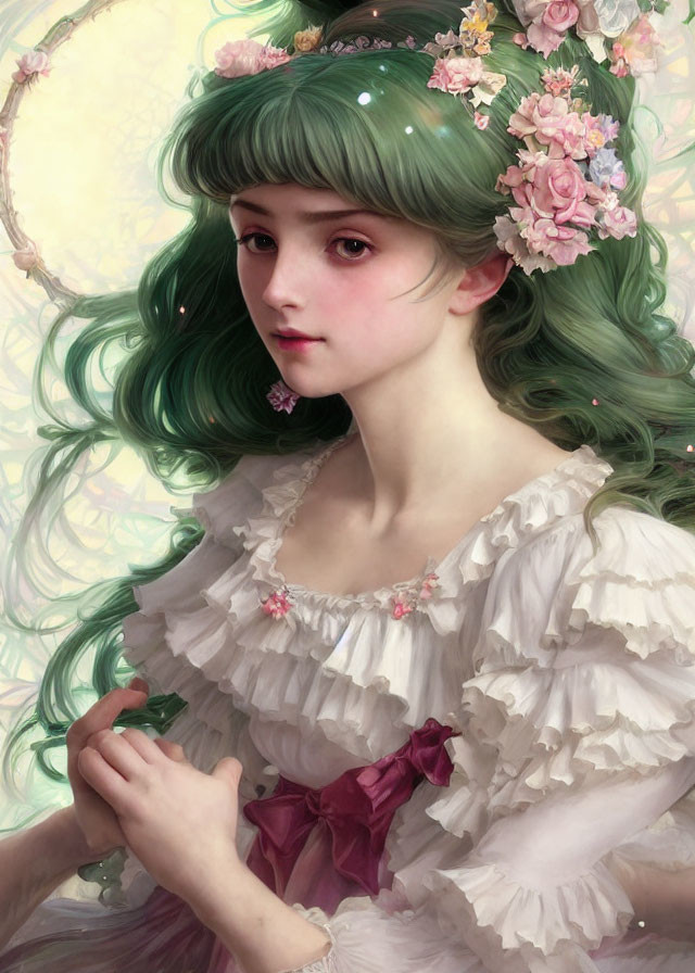 Portrait of young woman with green hair and floral wreath in white dress.