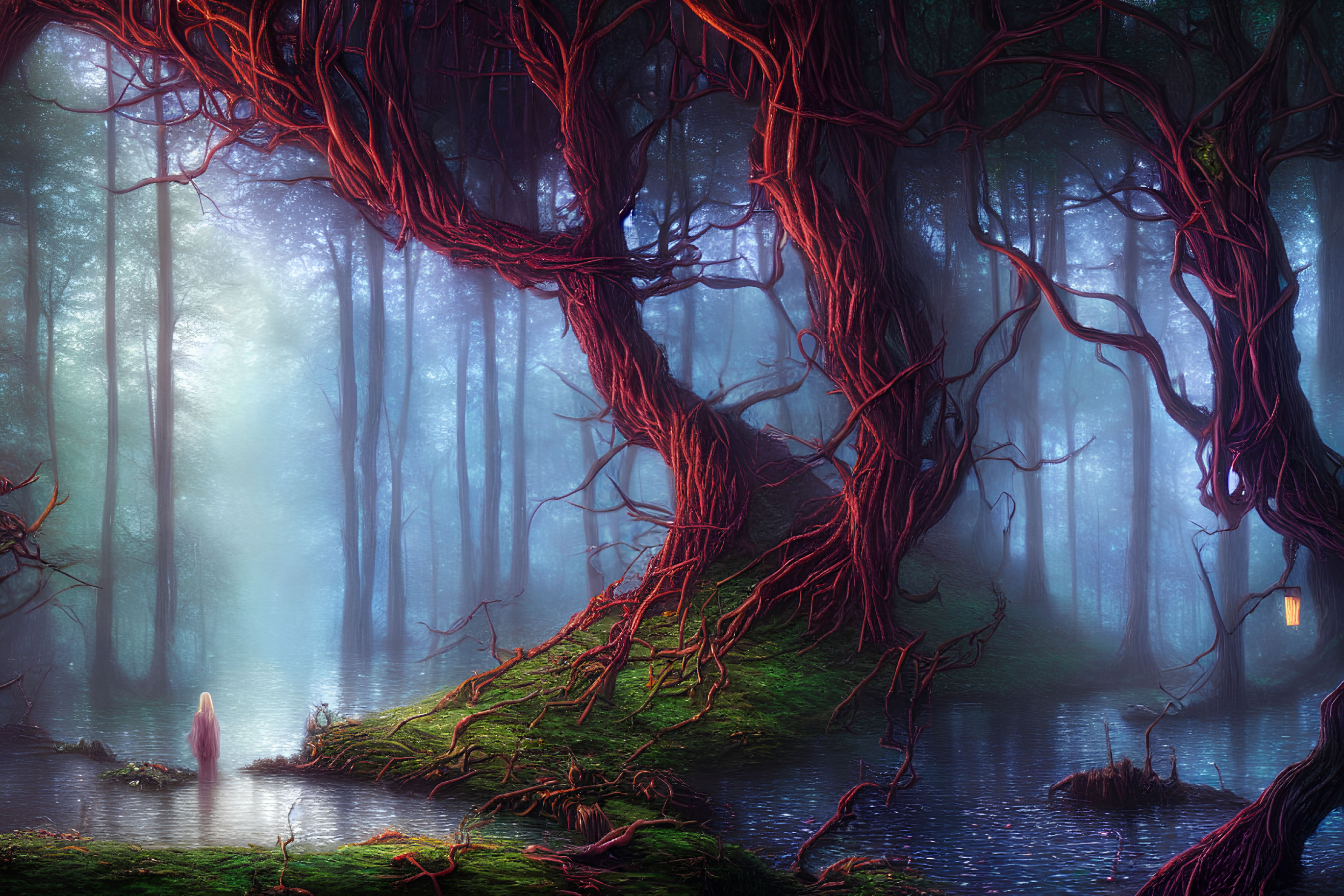 Mystical forest with twisted red-barked trees and serene pond