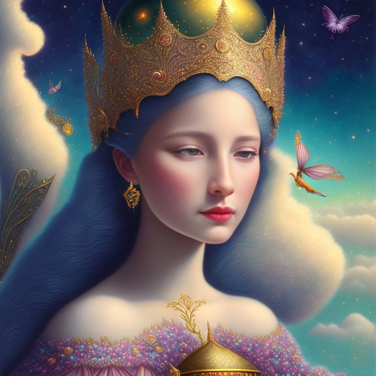 Fair-skinned queen with golden crown and blue hair, surrounded by butterflies and clouds