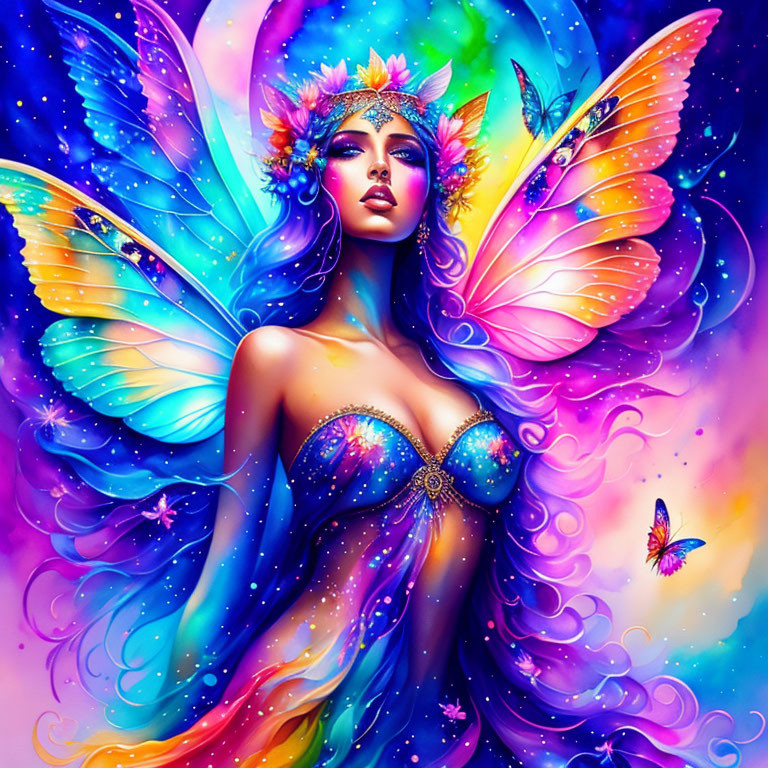 Colorful mythical fairy with rainbow wings and butterflies in cosmic setting