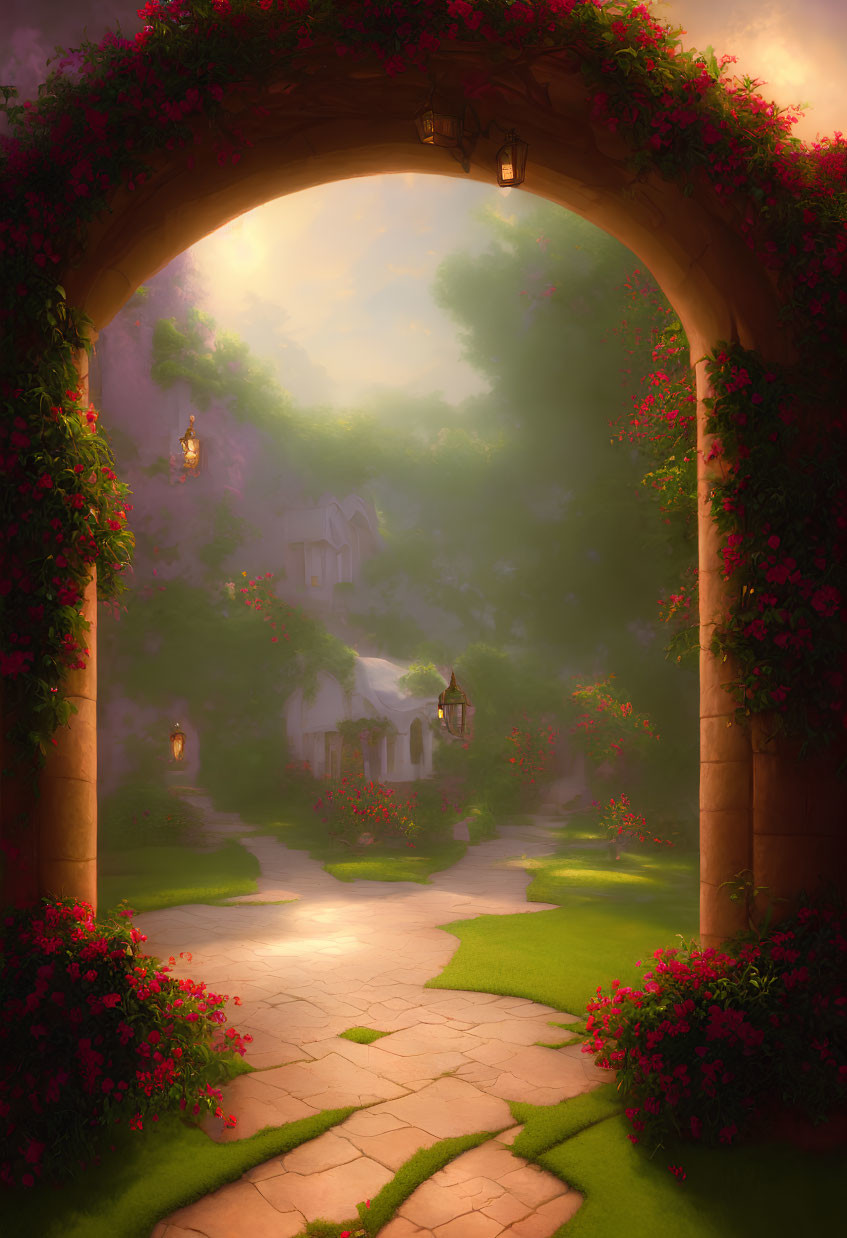 Pink Flower Archway Over Cobblestone Path to Quaint Village