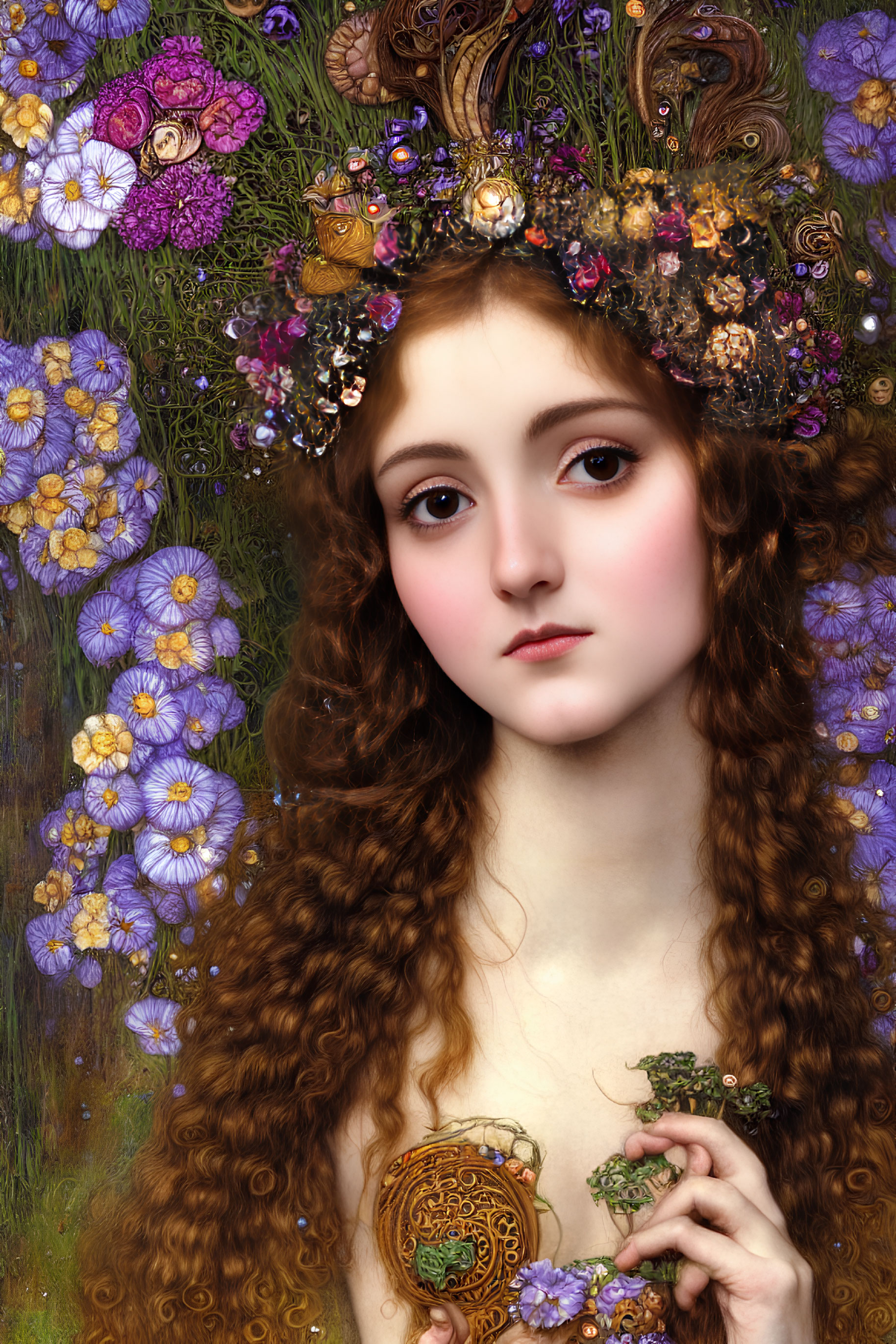 Woman with Long Curly Hair and Floral Wreath Holding Heart Locket in Purple Flower Setting