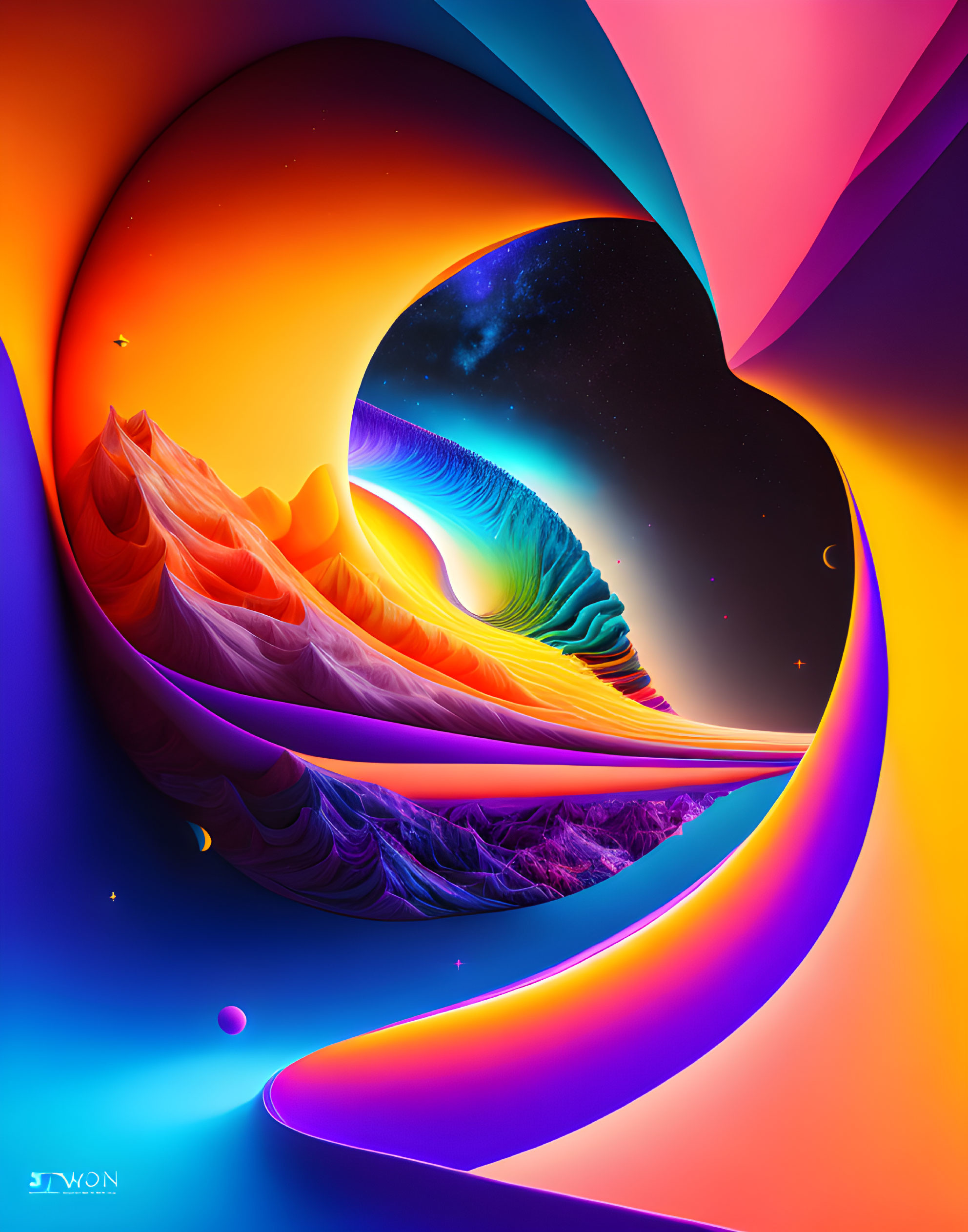 Colorful Abstract Landscape with Swirling Shapes and Cosmic Backdrop