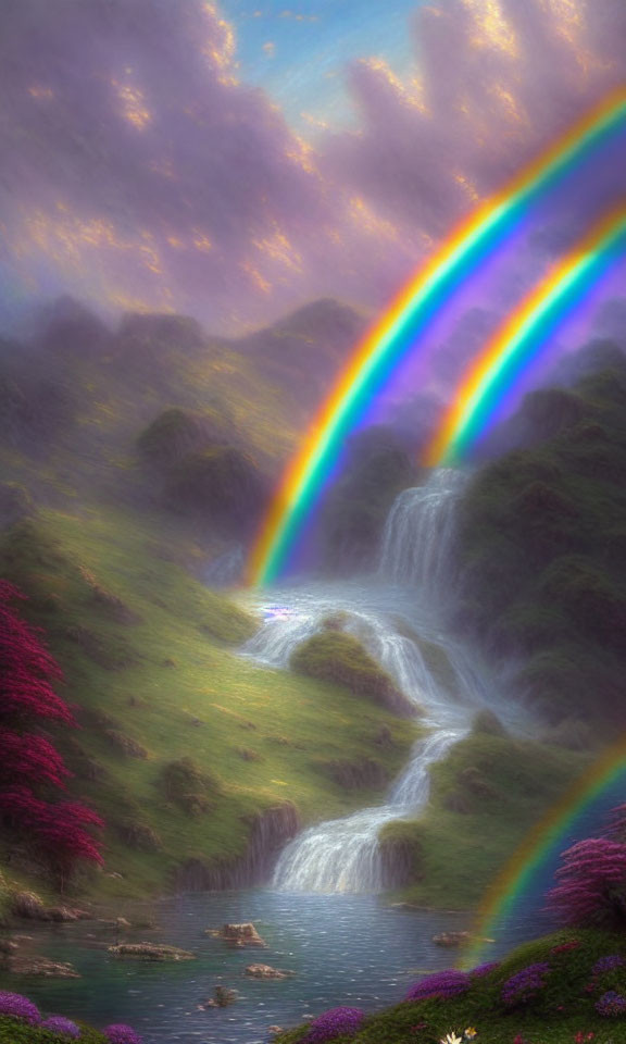 Colorful rainbow over lush valley with waterfalls, blooming trees, and tranquil river at dawn