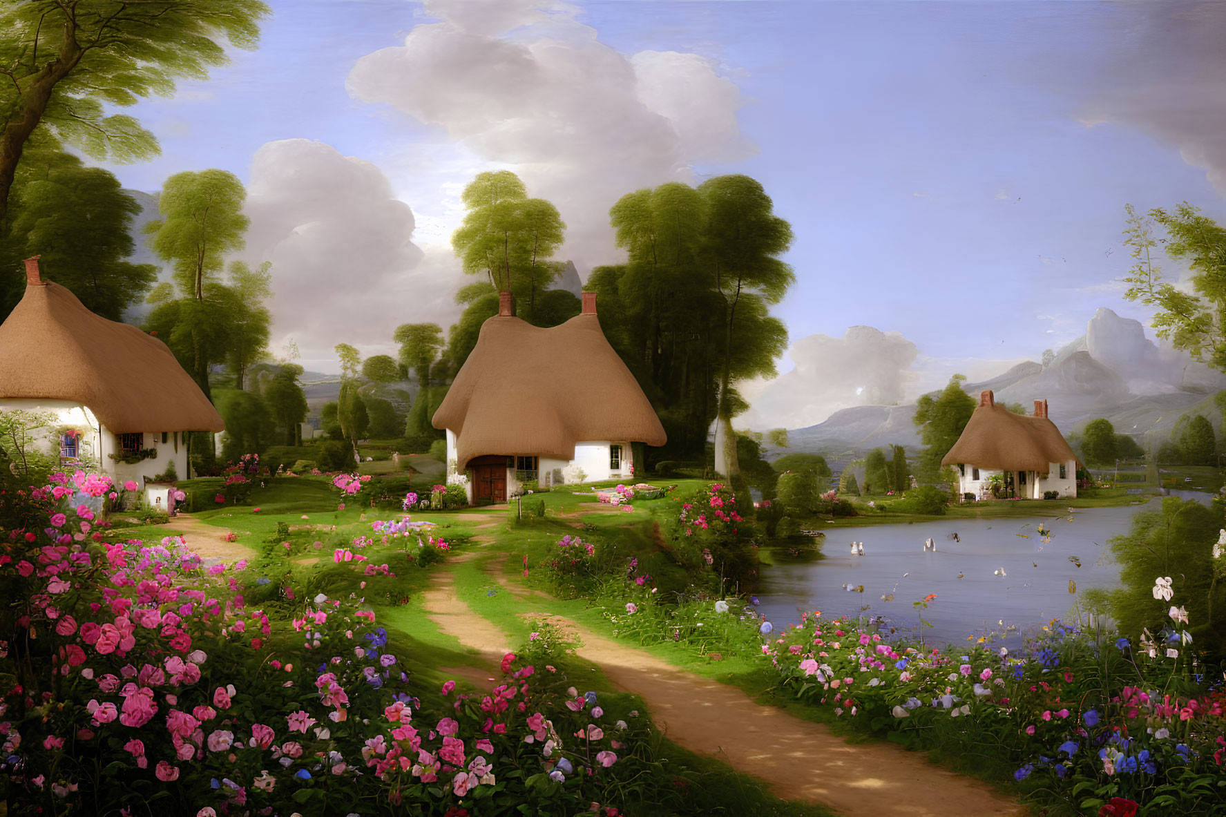 Tranquil countryside landscape with thatched-roof cottages, pond, lush flora, and distant