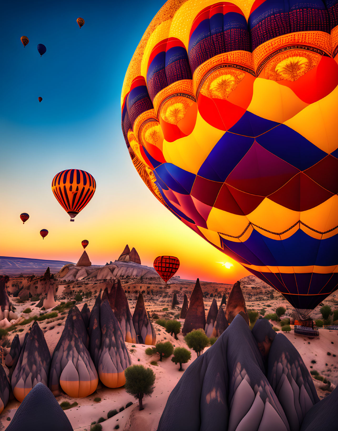 Vibrant hot air balloons over desert rock formations at sunset