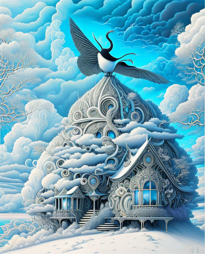 Fantastical bird on elaborate treehouse in serene sky