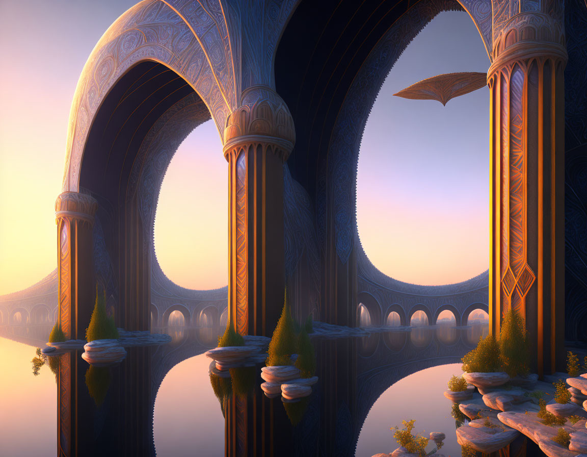 Ornate arches and pillars in fantasy landscape at dusk