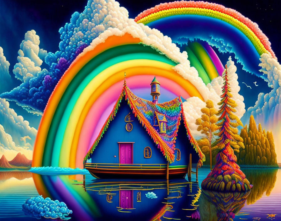 Colorful house with turret under rainbow arc in whimsical landscape