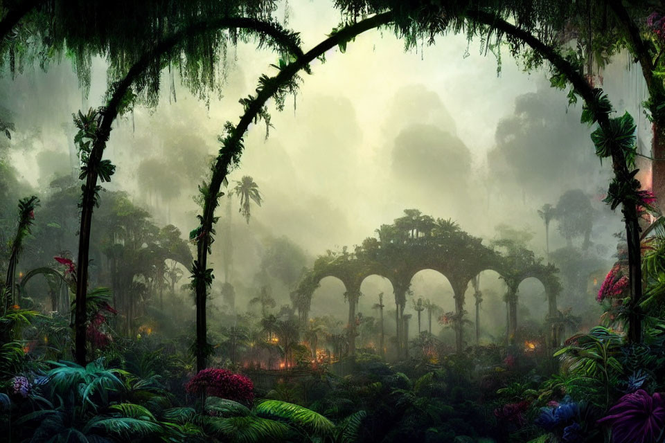 Mystical jungle with towering trees and ancient stone archway