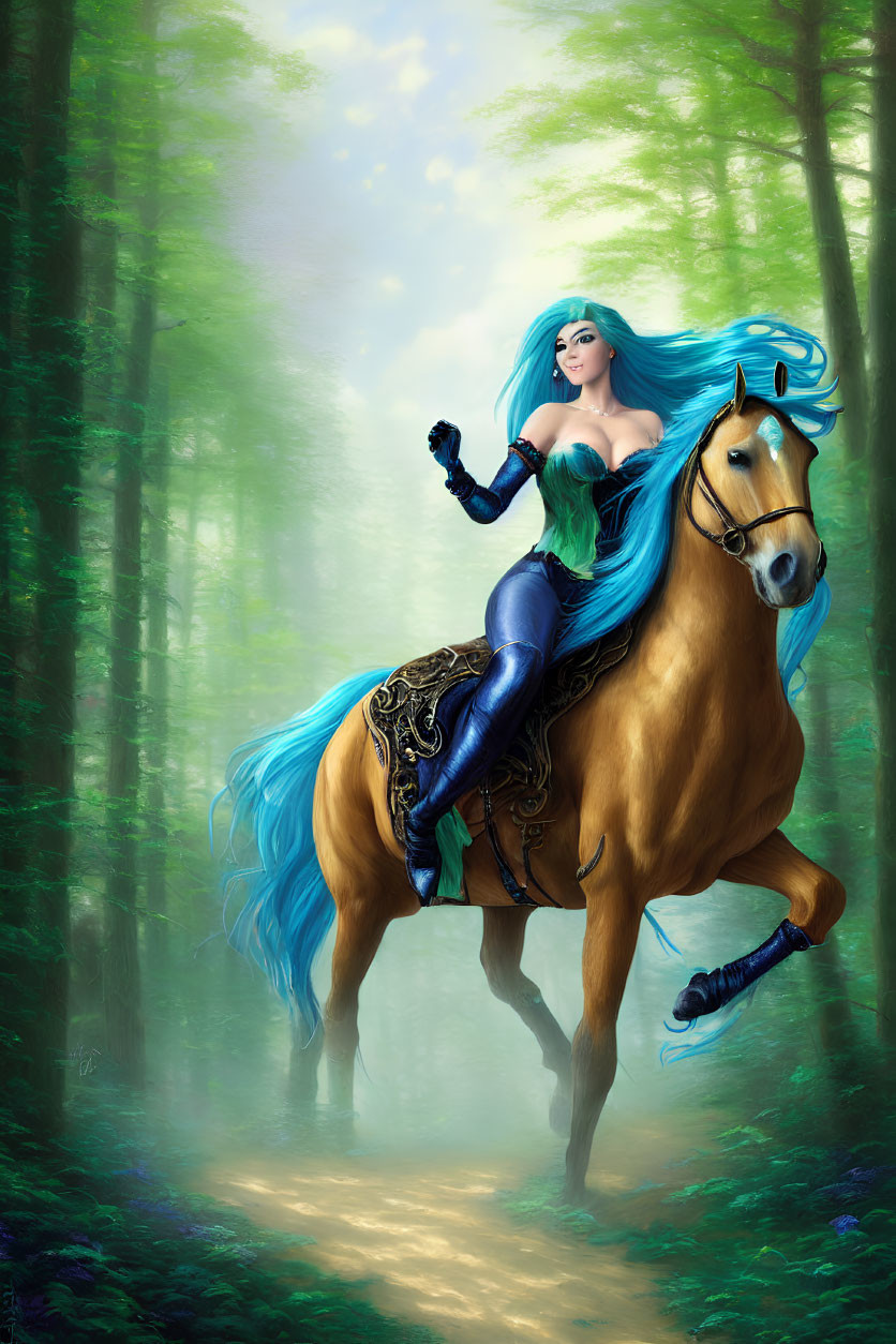 Illustration: Woman with Blue Hair Riding Palomino Horse in Sunlit Forest