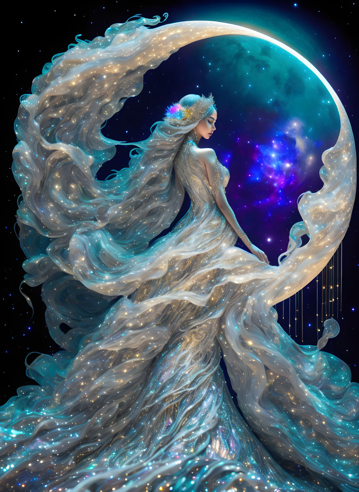 Celestial woman with star-infused hair and gown holding glowing crescent moon on ladder