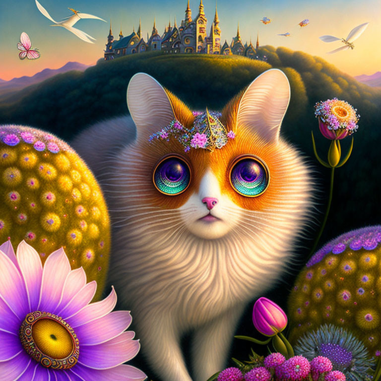 Large-eyed cat with floral crown in colorful fantasy landscape with castle & cacti