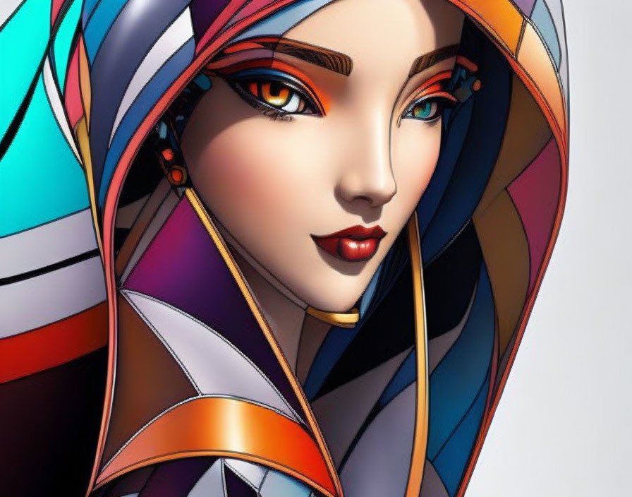 Colorful illustration of a woman with striking makeup and patterned headscarf