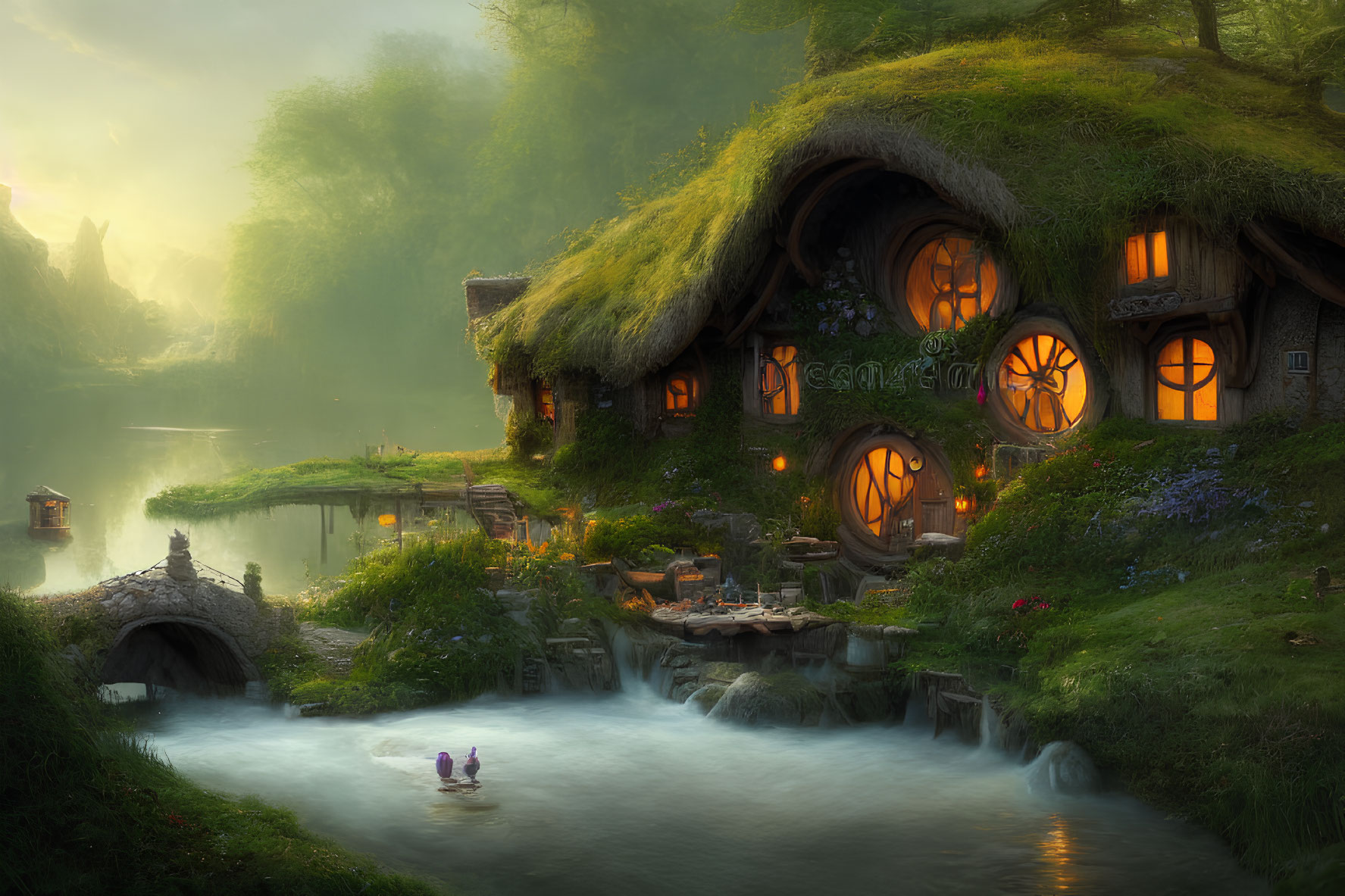 Tranquil fantasy landscape with thatched-roof cottage, round windows, stone bridge, lush green