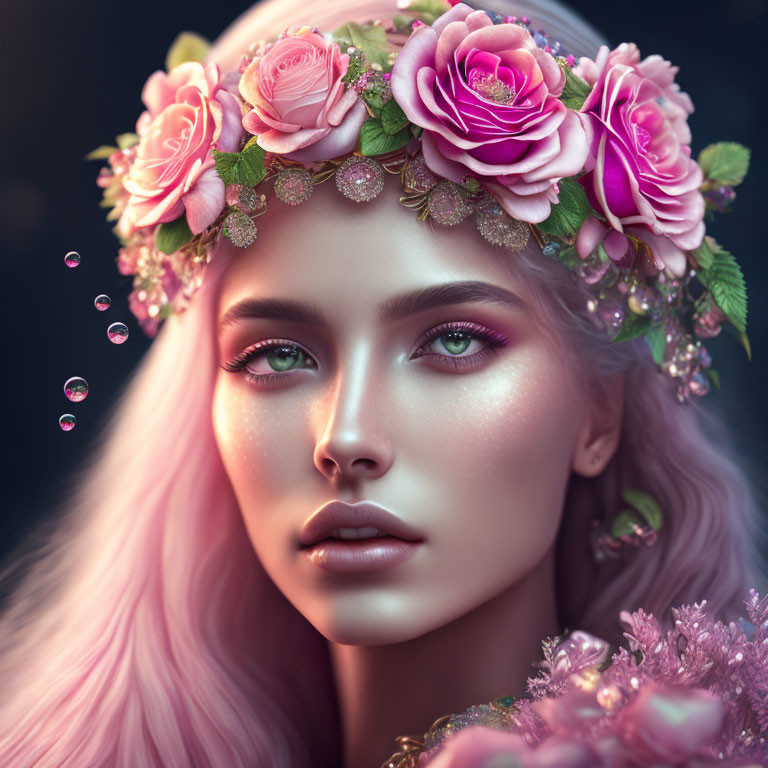 Digital portrait of person with pink hair, floral crown, bubbles, dark background