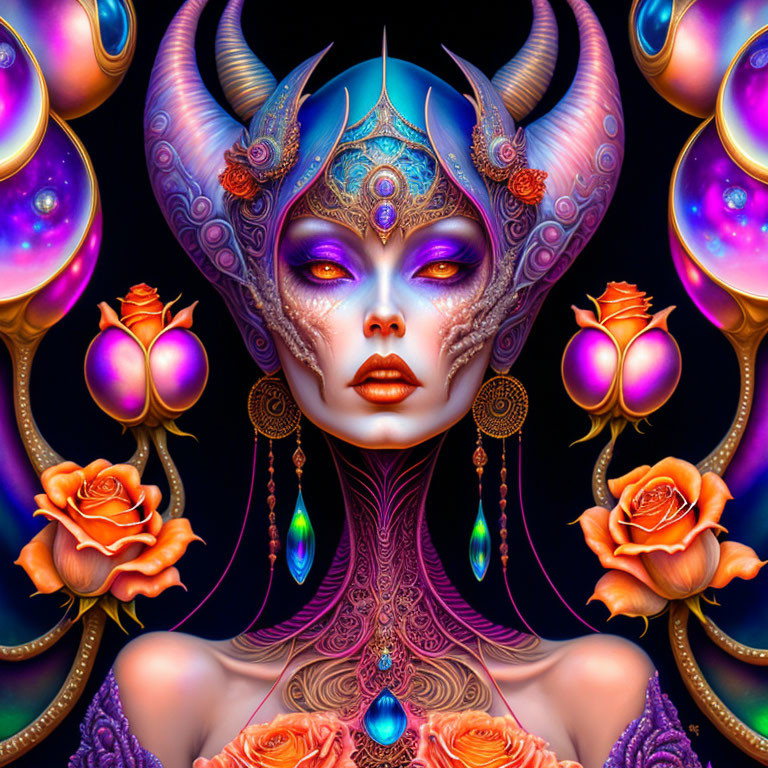 Fantastical female entity with elaborate horns and roses.