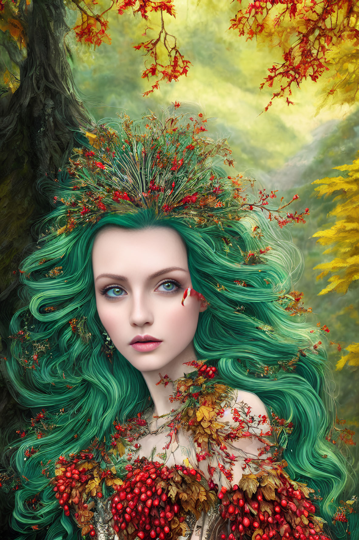 Fantasy portrait of woman with green hair, autumn leaves, and berries in forest.