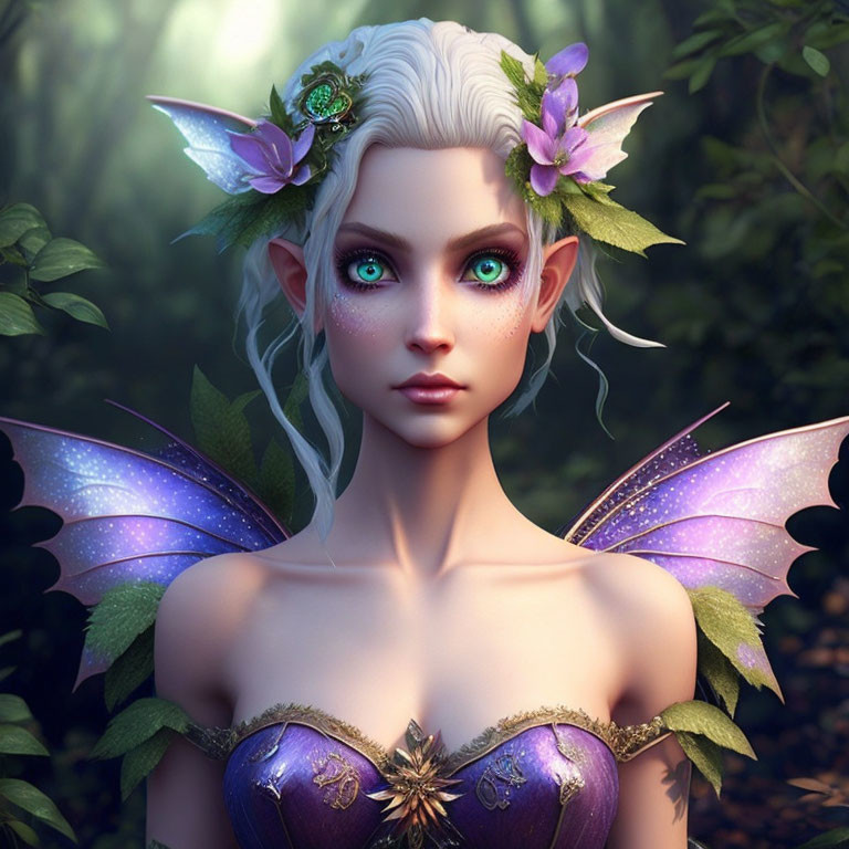 Fantasy Elf with Violet Wings and Floral Headpieces