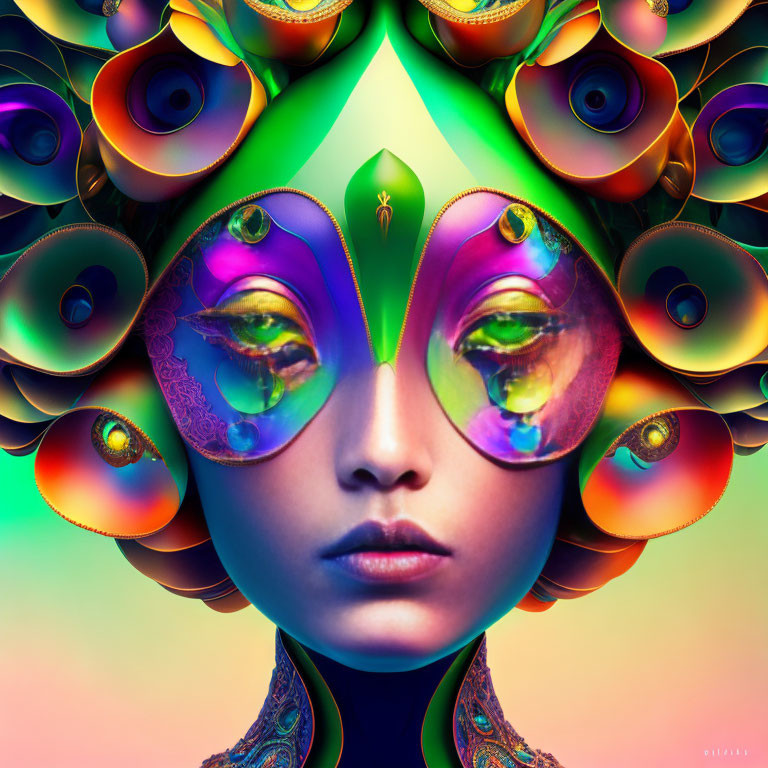 Symmetrical digital artwork: Woman's face with peacock feather motifs and iridescent eyes.