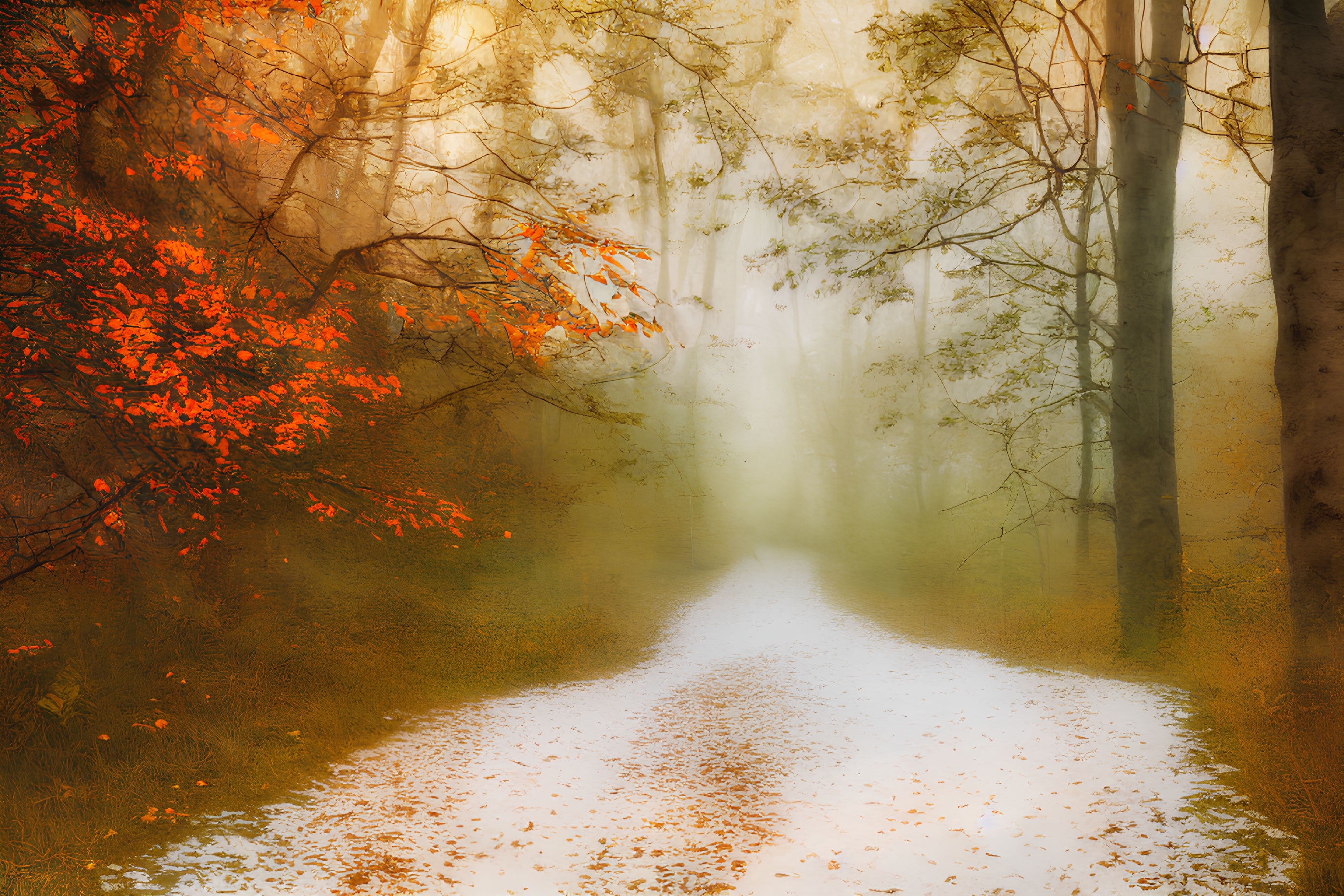 Tranquil autumn forest with fallen leaves on snow path