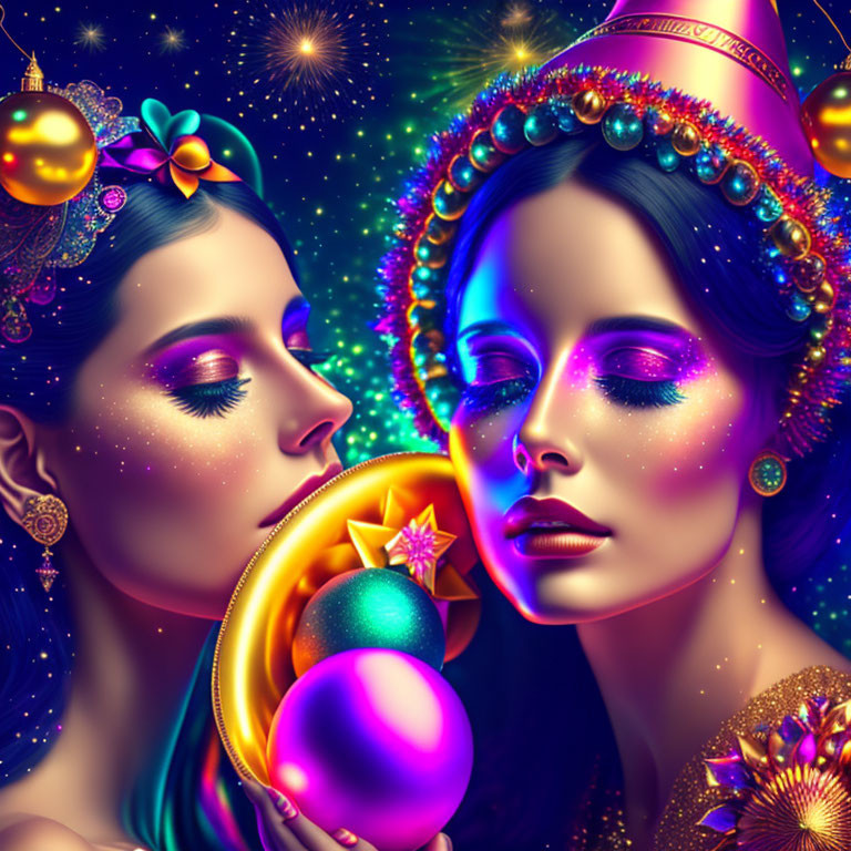 Stylized women with whimsical makeup and ornate headdresses in cosmic setting