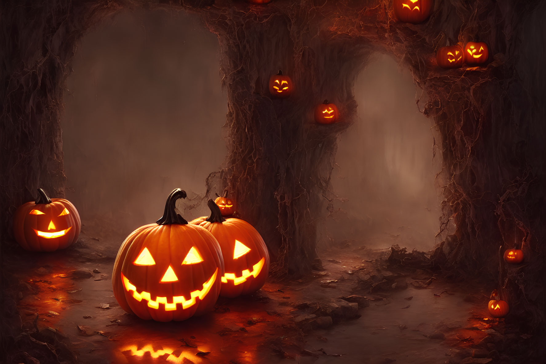 Pumpkin-lit Halloween cave with eerie glowing eyes