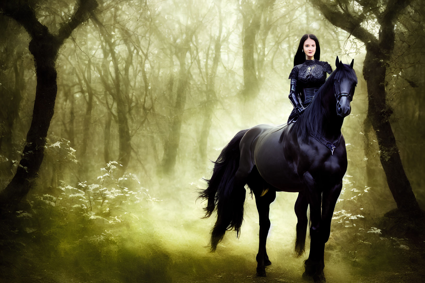 Woman in Black Dress Riding Black Horse in Ethereal Forest