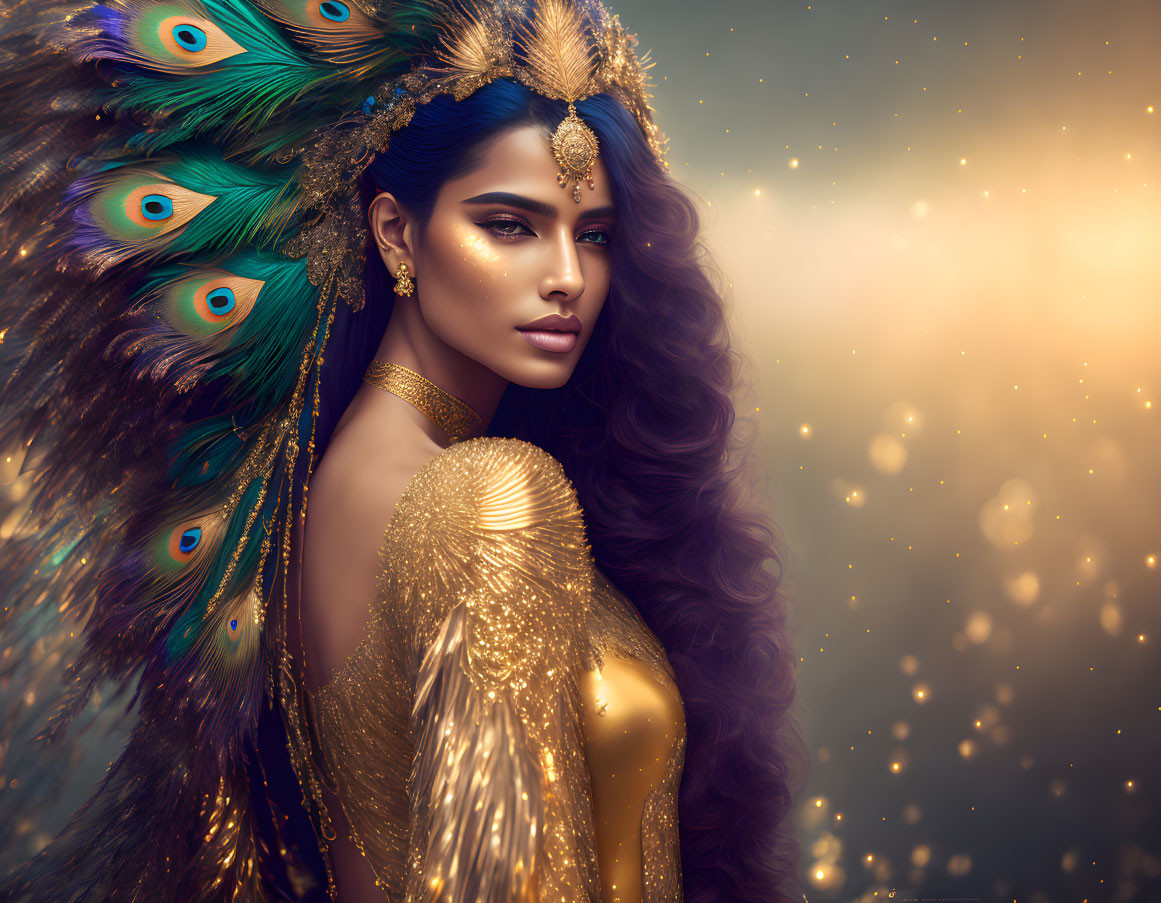 Woman with Peacock Feather Adorned Hair and Gold Jewelry on Sparkly Golden Background